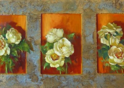 Pivoines jaunes en triptyque - Huile sur toile - 120 x 60 cm